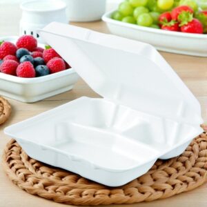 Dart 80HT3R 8x7.5x2 White Foam 3 Compartments Square Take Out Container with Hinged Lid - 200/Case