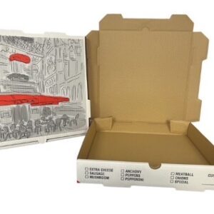NEMCO PIZZA BOX 12X12X2 WHITE PRINT "PIZZA CAFE" / KRAFT B FLUTE 50/CS