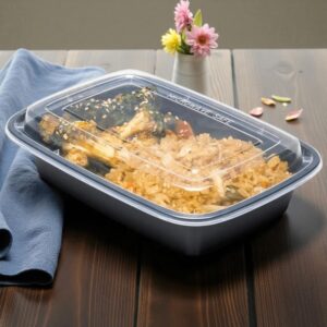 Biocean RE-38 Black Bottom Clear Top Microwavable 38oz Rectangular Container - 150/Cs