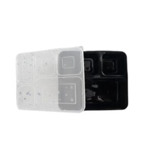5 Compartment 5CP Black Meal Tray / Thali with Lid - 100/Cs