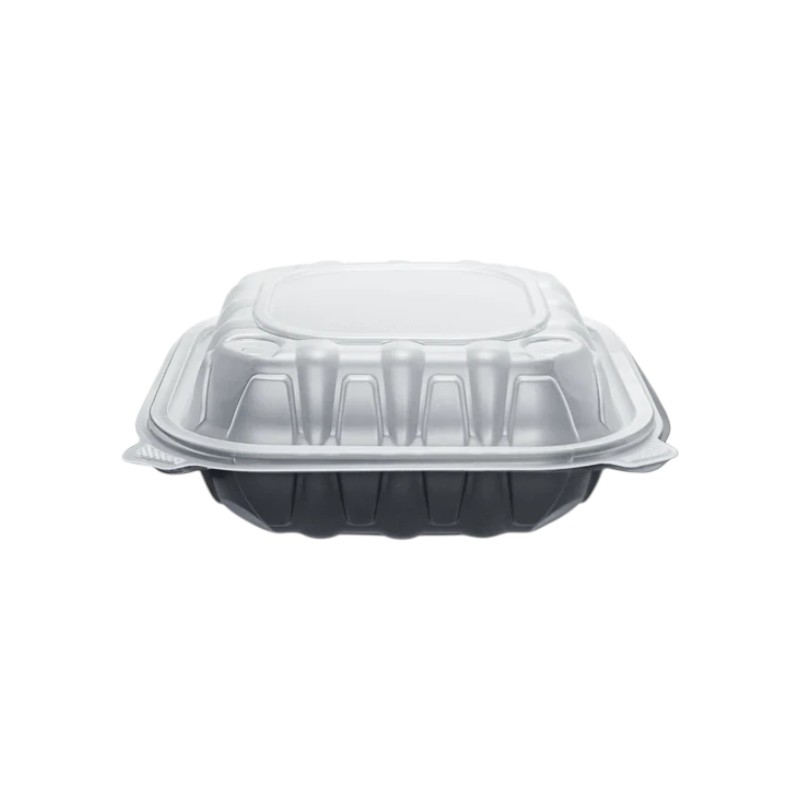 Biocean 8x8x3 Premium PP Hinged Food Containers 3-Compartment Clear/Black 100/cs